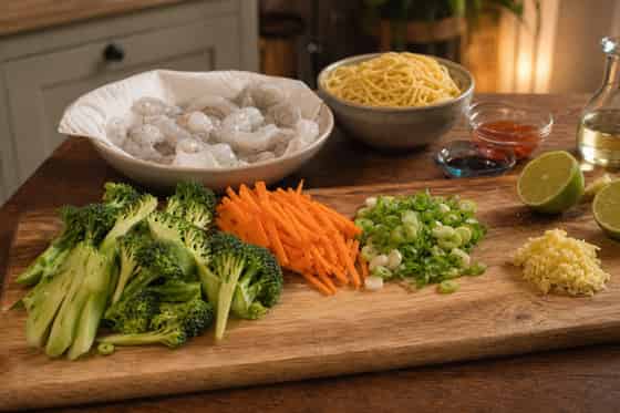 Prawn Broccoli Sweet Chilli Noodles with Lime cooking step 1: Prep the stir-fry.