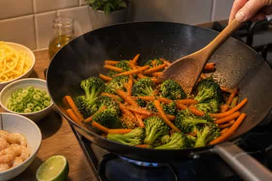 Prawn Broccoli Sweet Chilli Noodles with Lime cooking step 3: Stir-fry the vegetables.