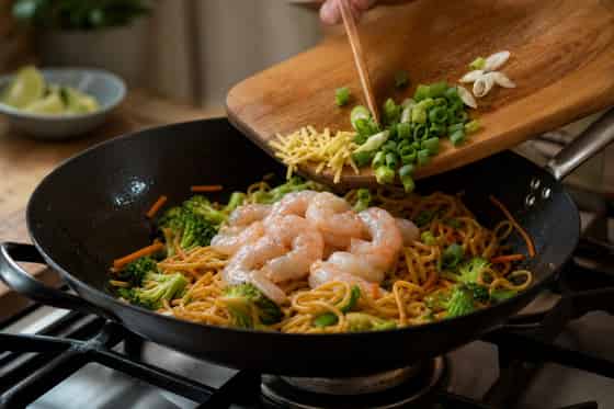 Prawn Broccoli Sweet Chilli Noodles with Lime cooking step 4: Add the prawns.