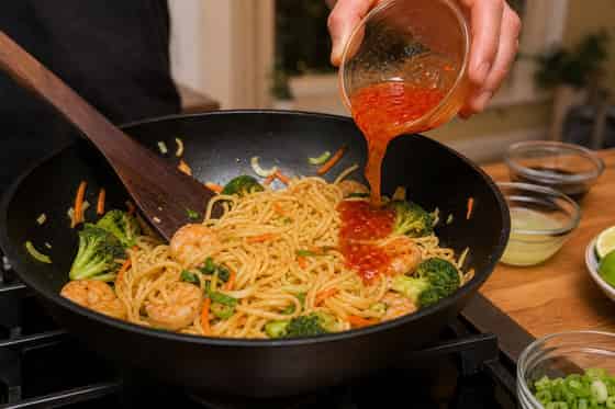 Prawn Broccoli Sweet Chilli Noodles with Lime cooking step 5: Sauce the noodles.