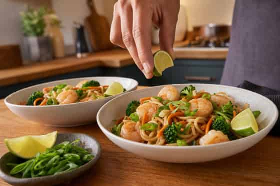 Prawn Broccoli Sweet Chilli Noodles with Lime cooking step 6: Serve with lime.