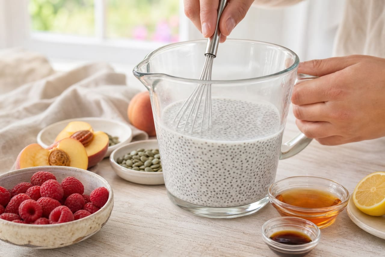 Raspberry Peach Chia Breakfast Pots with Lemon and Pumpkin Seeds cooking step 1: Mix the chia base.