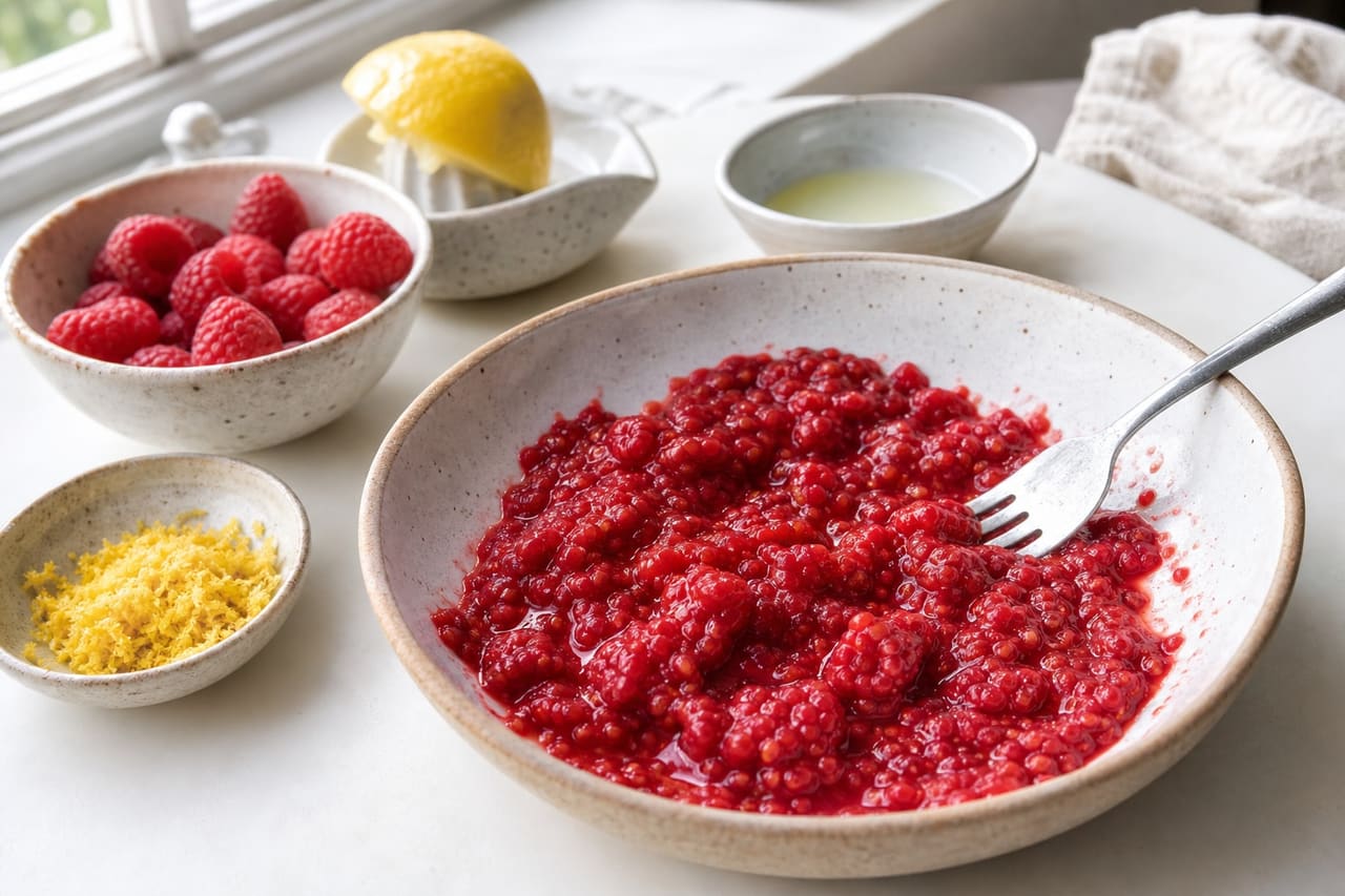 Raspberry Peach Chia Breakfast Pots with Lemon and Pumpkin Seeds cooking step 2: Make the raspberry ripple.