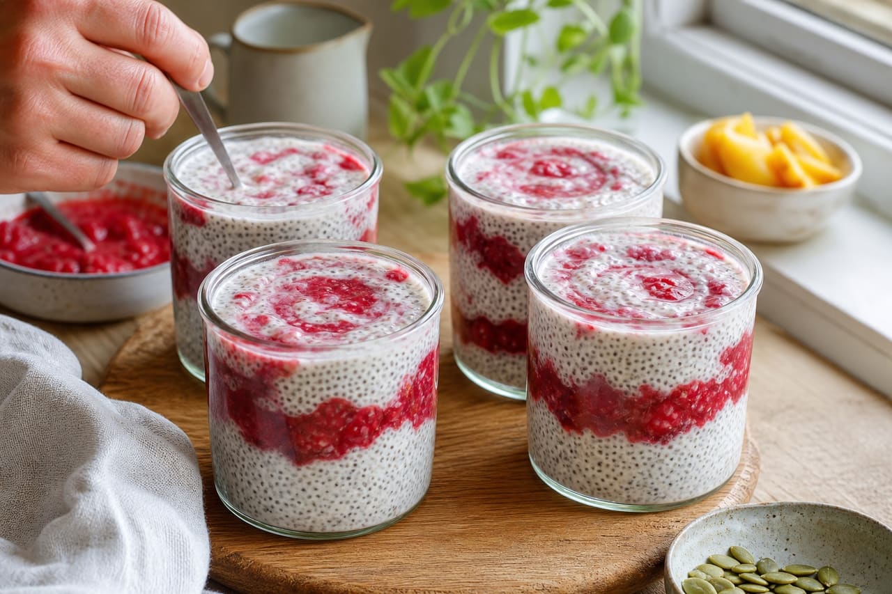 Raspberry Peach Chia Breakfast Pots with Lemon and Pumpkin Seeds cooking step 3: Layer and chill.