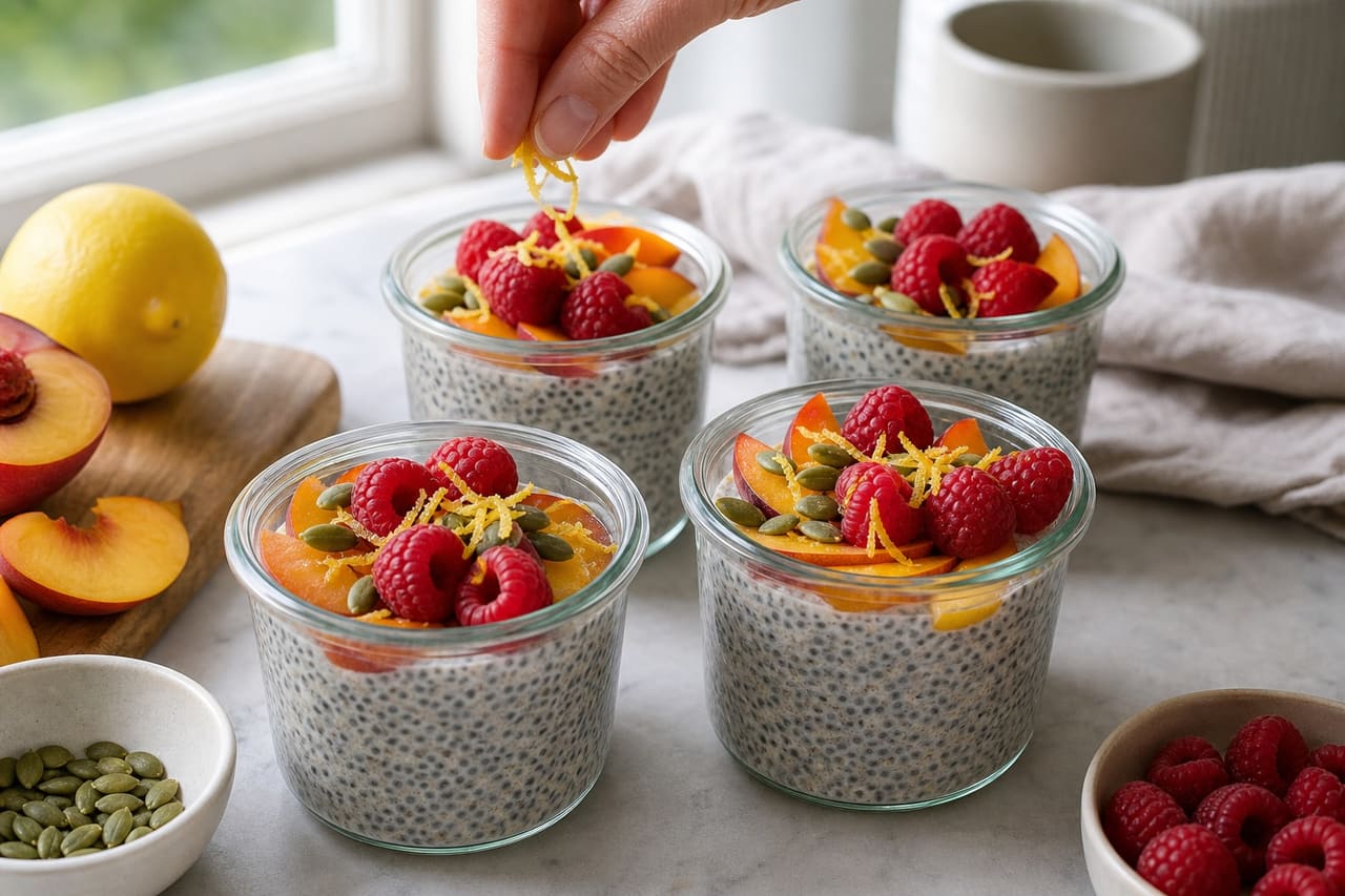 Raspberry Peach Chia Breakfast Pots with Lemon and Pumpkin Seeds cooking step 4: Add the fresh topping.