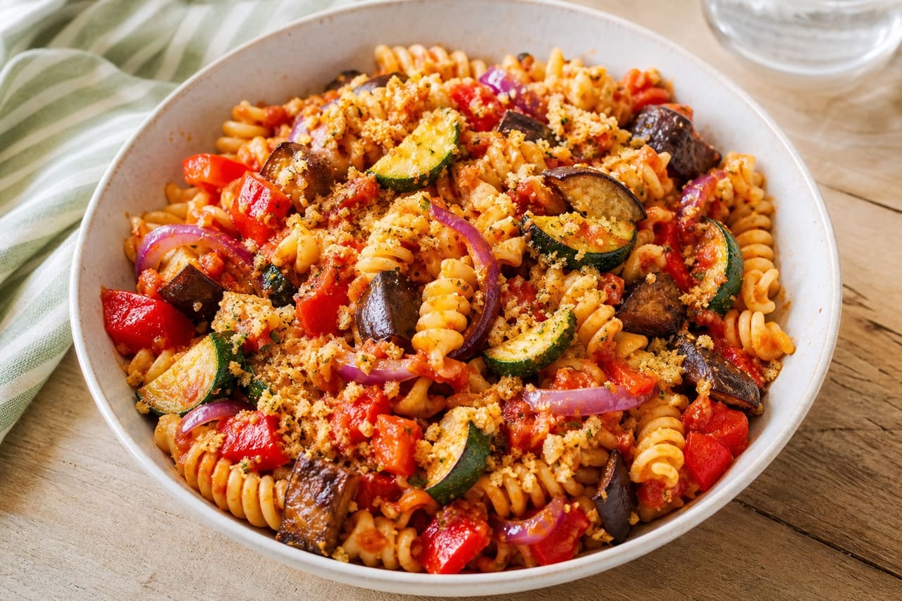 Ratatouille Pasta Salad with Crisp Herby Crumbs.