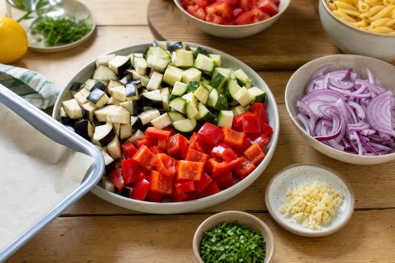 Ratatouille Pasta Salad with Crisp Herby Crumbs cooking step 1: Prepare the vegetables.