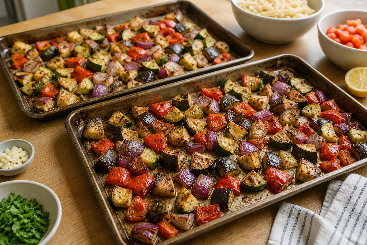 Ratatouille Pasta Salad with Crisp Herby Crumbs cooking step 2: Roast until golden.