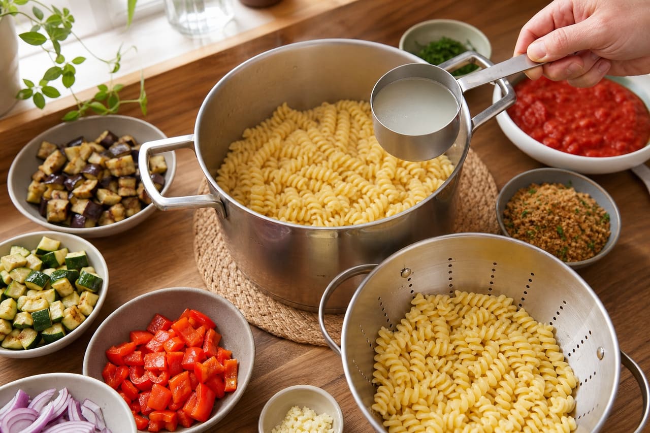 Ratatouille Pasta Salad with Crisp Herby Crumbs cooking step 3: Cook the pasta.