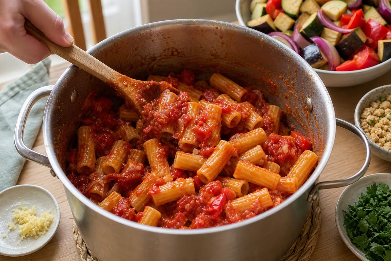 Ratatouille Pasta Salad with Crisp Herby Crumbs cooking step 4: Make the tomato coating.