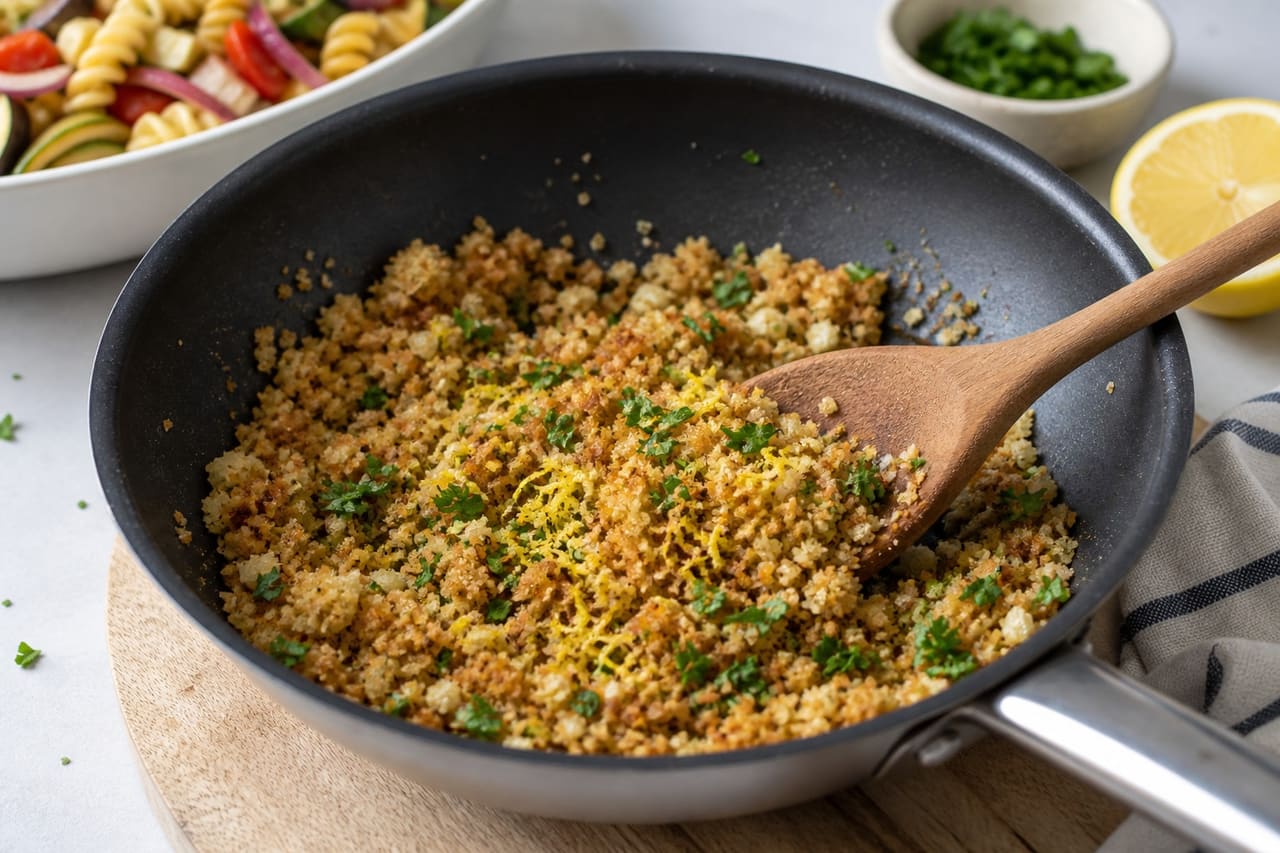 Ratatouille Pasta Salad with Crisp Herby Crumbs cooking step 5: Toast the herby crumbs.