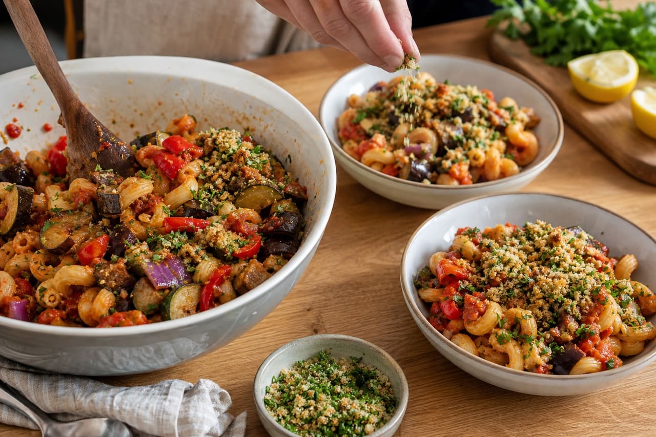 Ratatouille Pasta Salad with Crisp Herby Crumbs cooking step 6: Fold and finish.