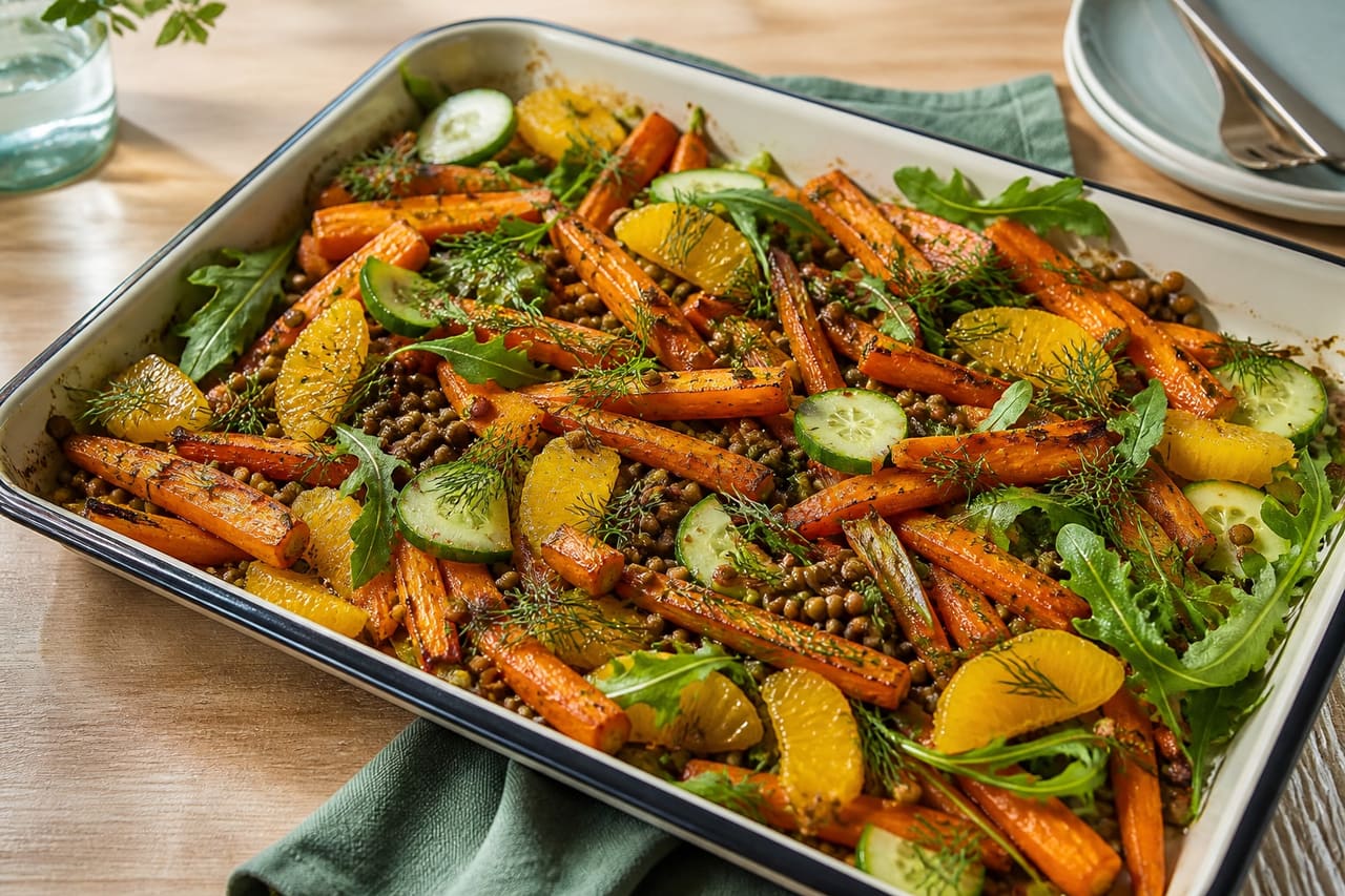 Roasted Carrot Lentil Salad Boxes with Orange and Dill.
