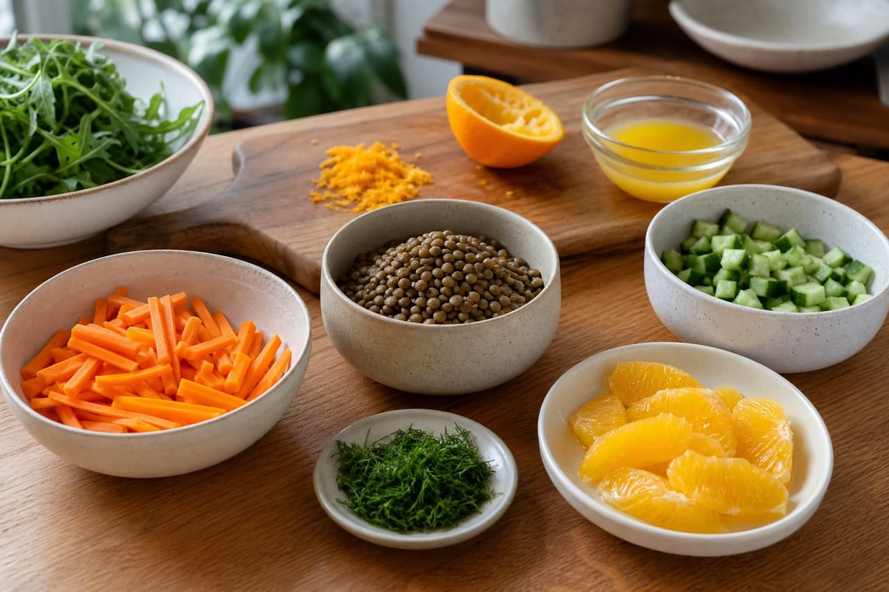 Roasted Carrot Lentil Salad Boxes with Orange and Dill cooking step 1: Prepare the salad.