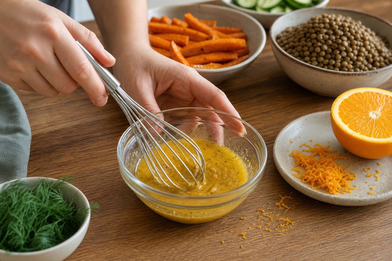 Roasted Carrot Lentil Salad Boxes with Orange and Dill cooking step 4: Whisk the orange dressing.