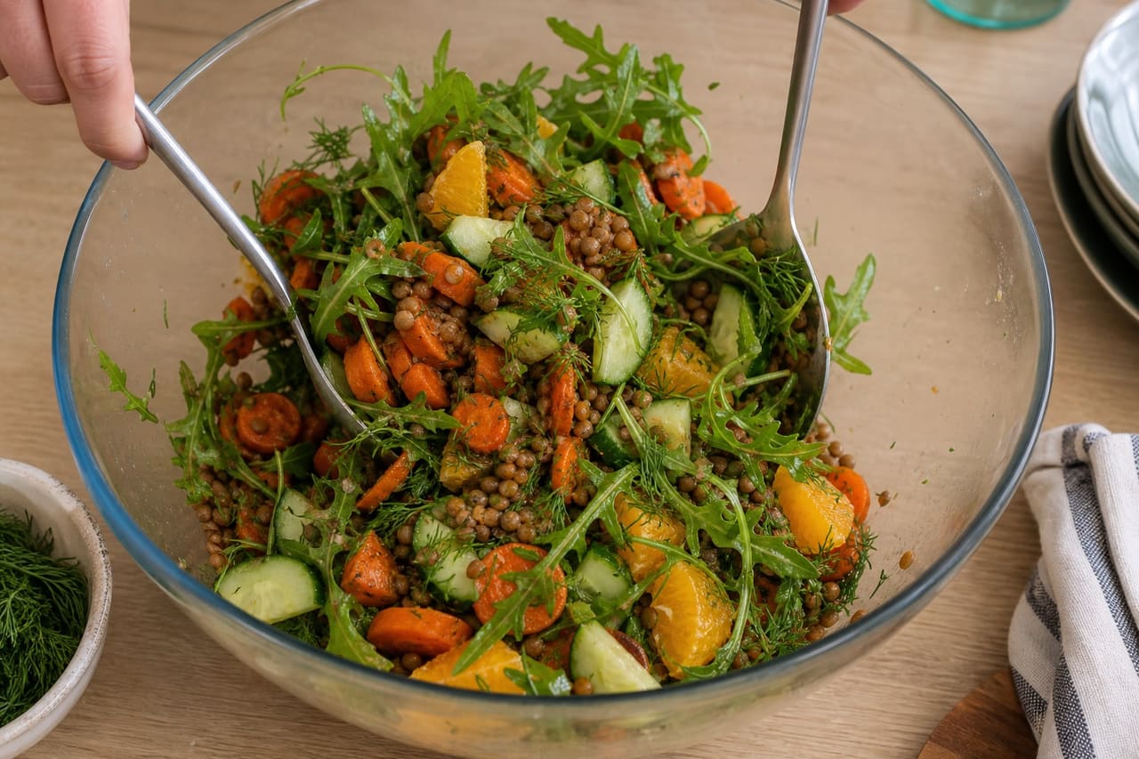 Roasted Carrot Lentil Salad Boxes with Orange and Dill cooking step 5: Fold the salad.
