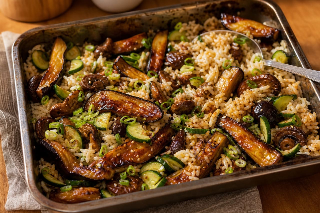 Roasted Miso Aubergine Rice Bowls with Ginger Cucumber.