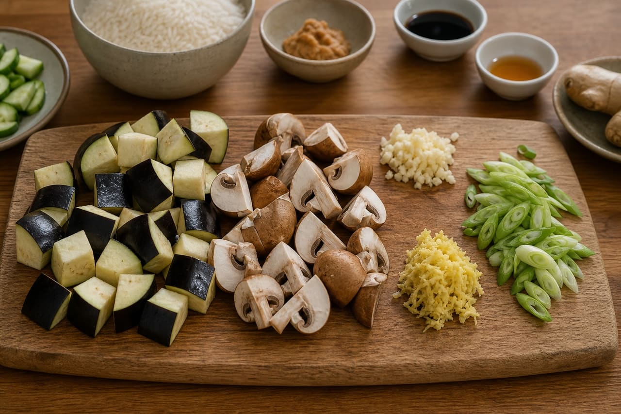 Roasted Miso Aubergine Rice Bowls with Ginger Cucumber cooking step 1: Prepare the vegetables.