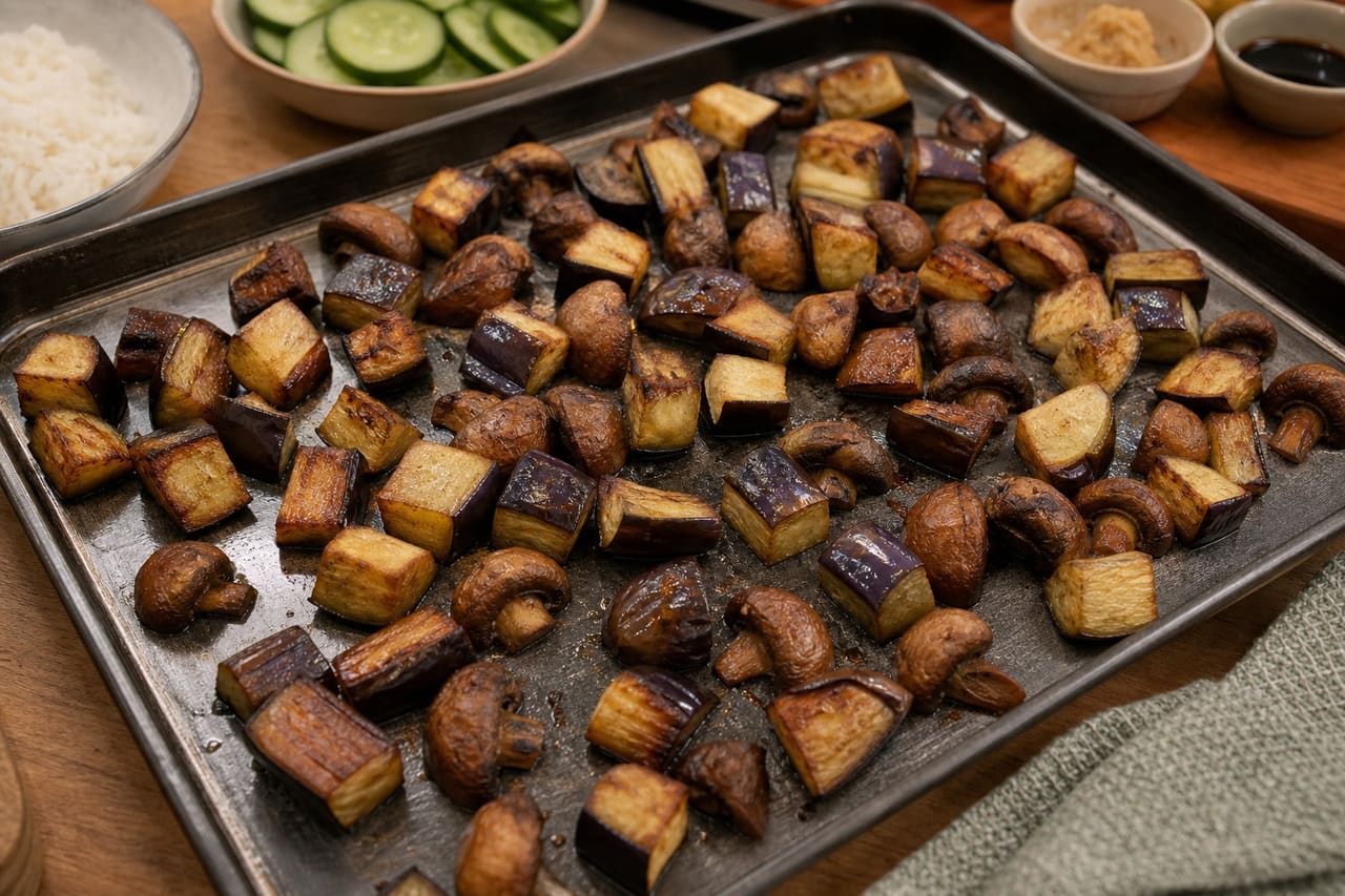Roasted Miso Aubergine Rice Bowls with Ginger Cucumber cooking step 2: Roast the aubergine.