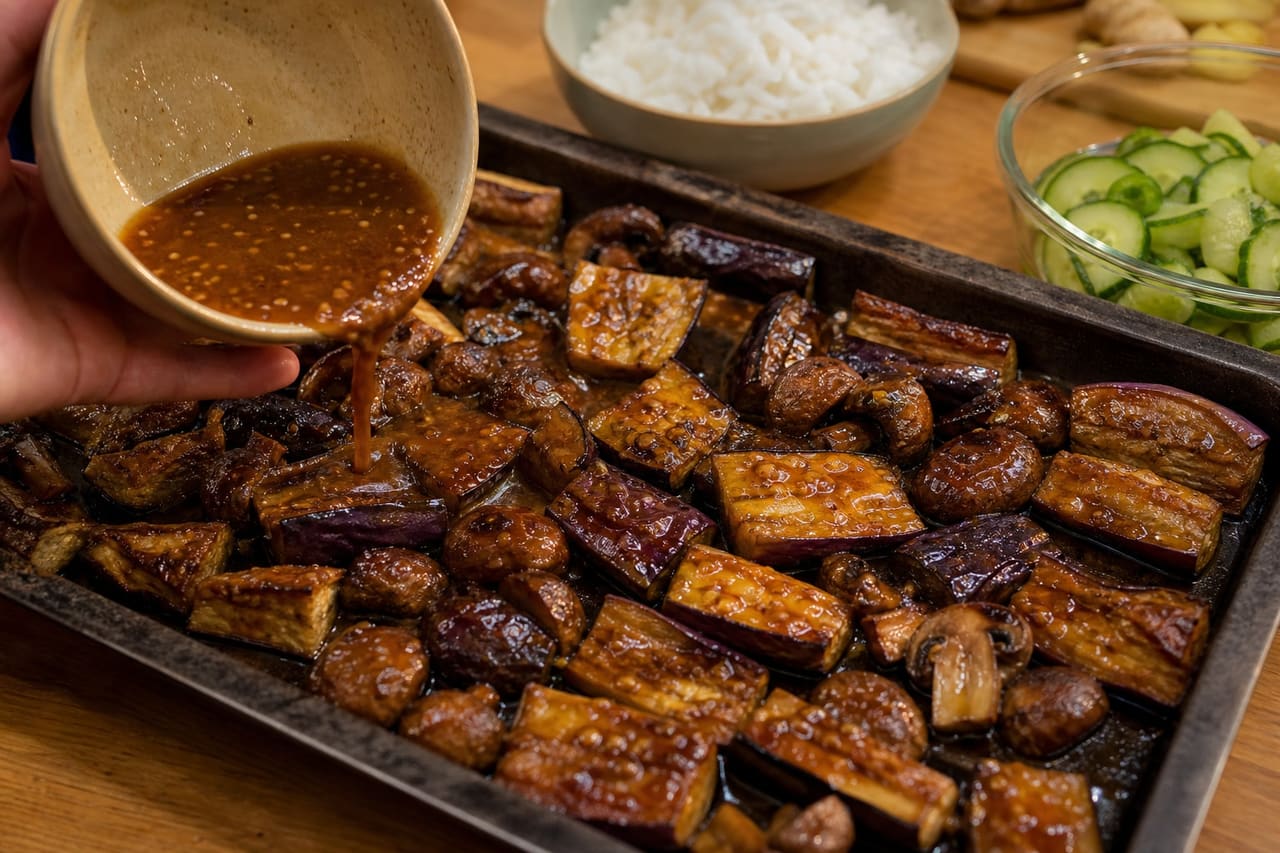 Roasted Miso Aubergine Rice Bowls with Ginger Cucumber cooking step 4: Glaze the vegetables.