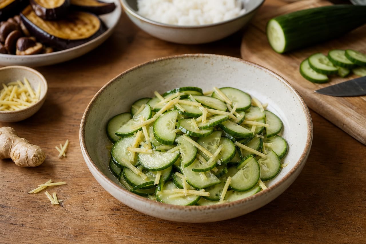 Roasted Miso Aubergine Rice Bowls with Ginger Cucumber cooking step 5: Make the ginger cucumber.