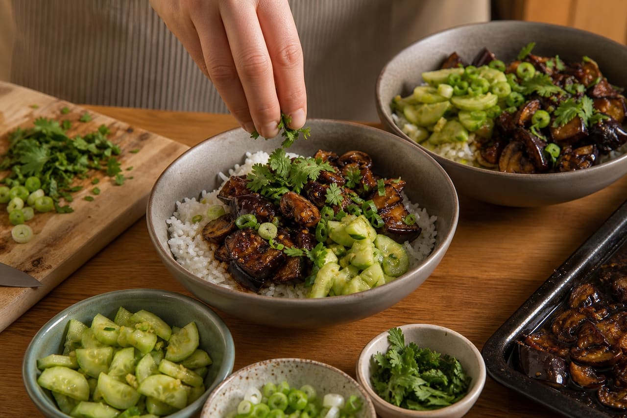 Roasted Miso Aubergine Rice Bowls with Ginger Cucumber cooking step 6: Build the bowls.