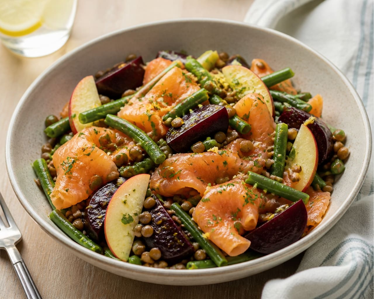 Smoked Salmon Lentil Beetroot Salad with Mustard Apple.