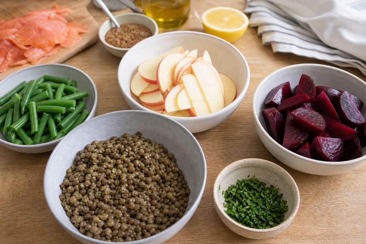 Smoked Salmon Lentil Beetroot Salad with Mustard Apple cooking step 1: Prepare the salad.
