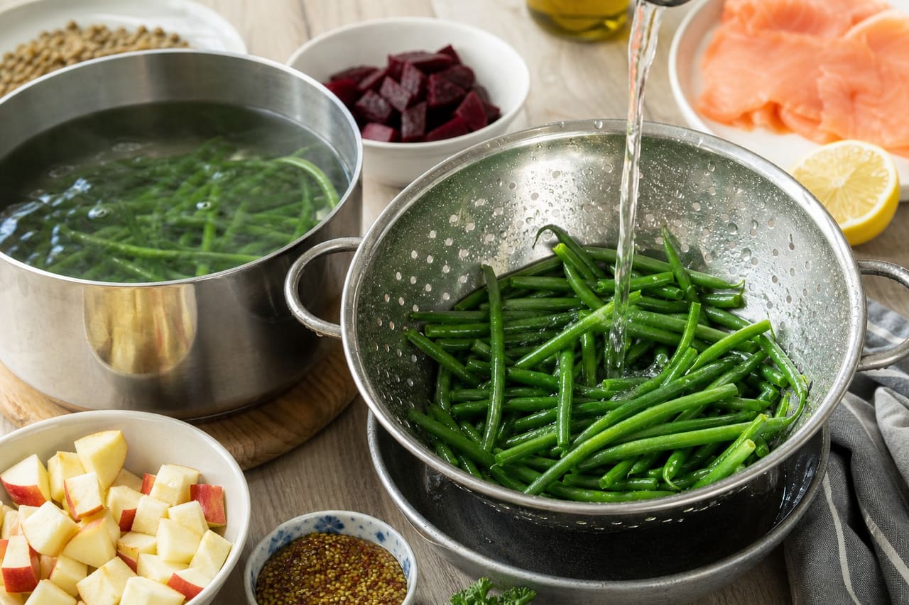 Smoked Salmon Lentil Beetroot Salad with Mustard Apple cooking step 2: Cook the green beans.
