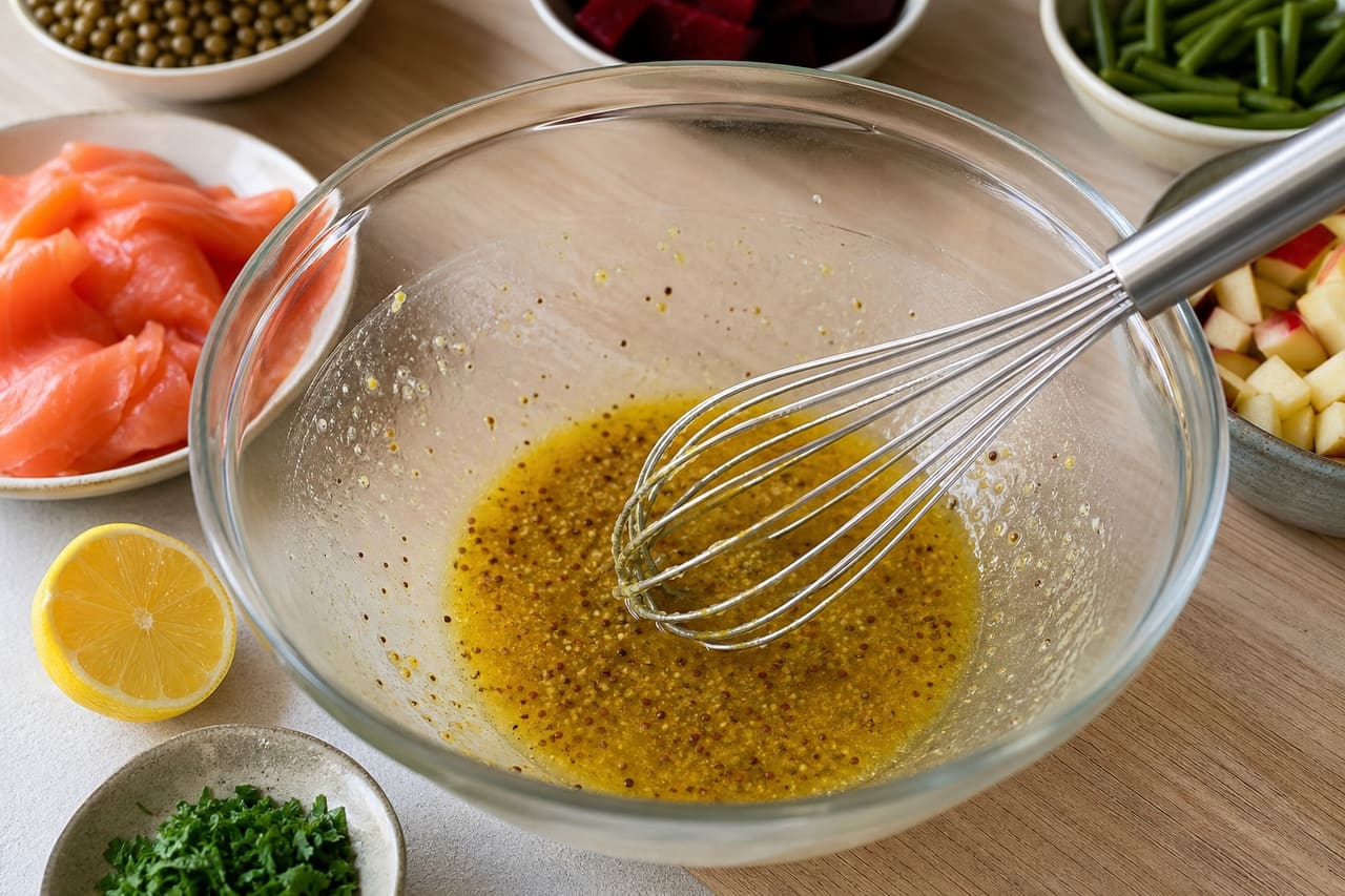 Smoked Salmon Lentil Beetroot Salad with Mustard Apple cooking step 3: Whisk the dressing.