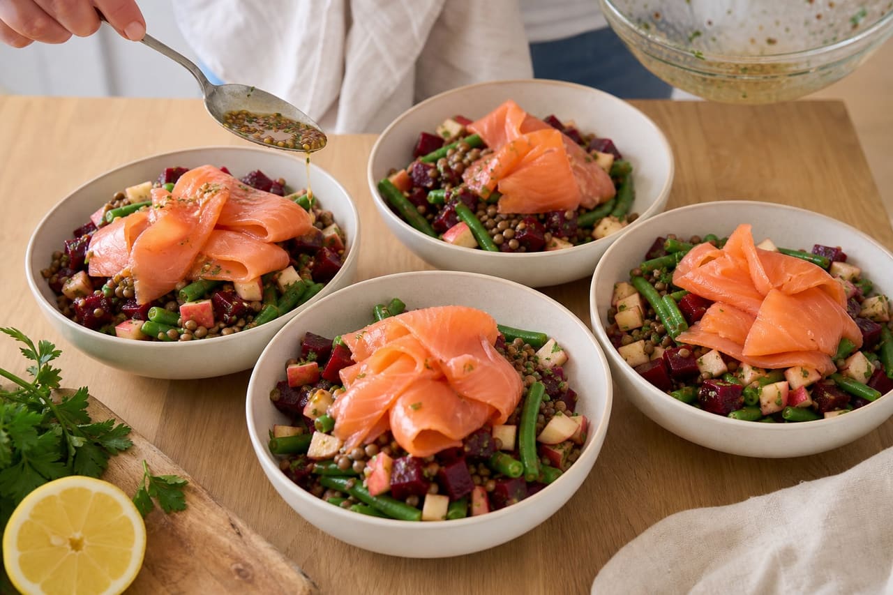 Smoked Salmon Lentil Beetroot Salad with Mustard Apple cooking step 6: Fill the lunch bowls.