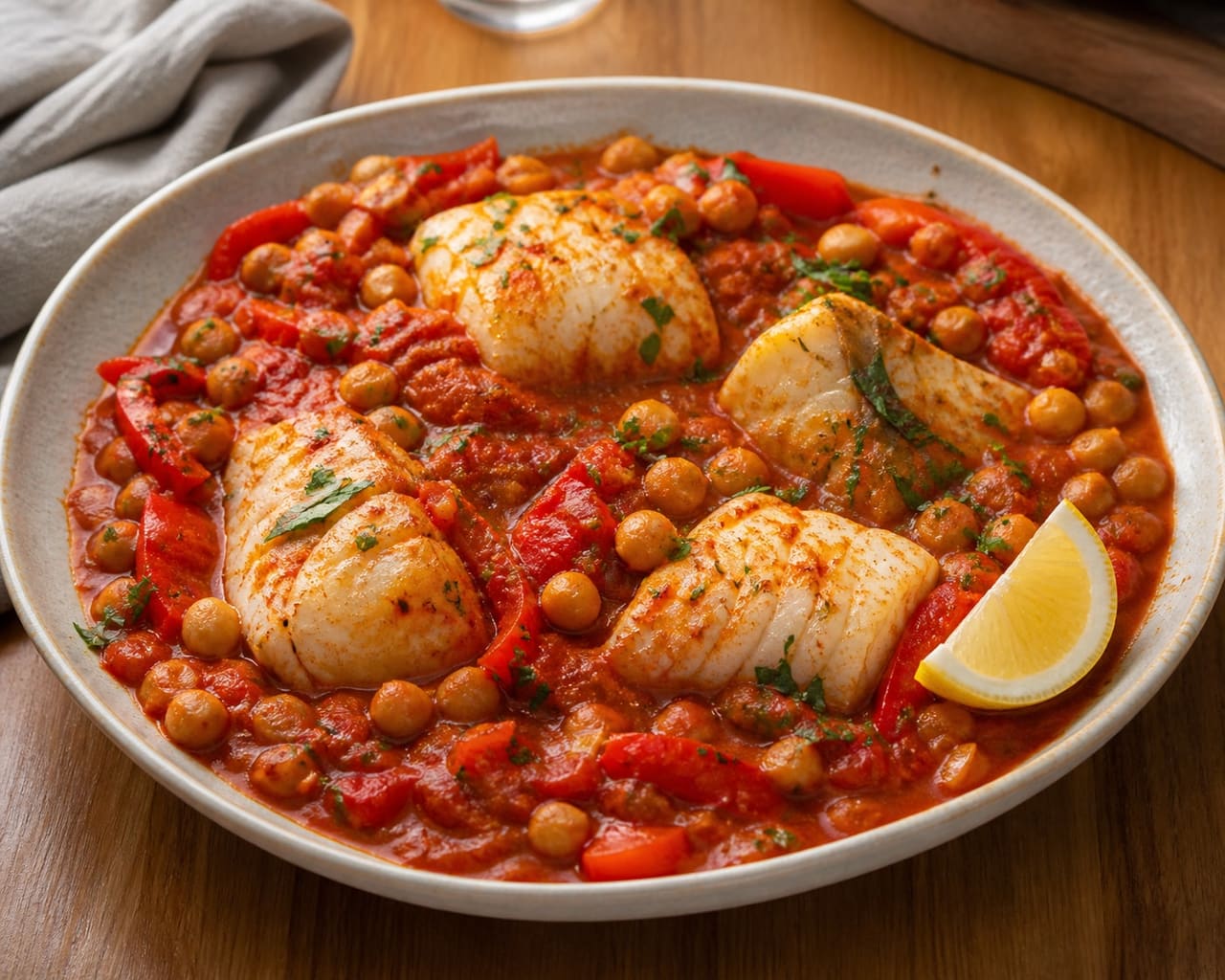 Smoky Cod Chickpea Pepper Stew with Lemon and Parsley.