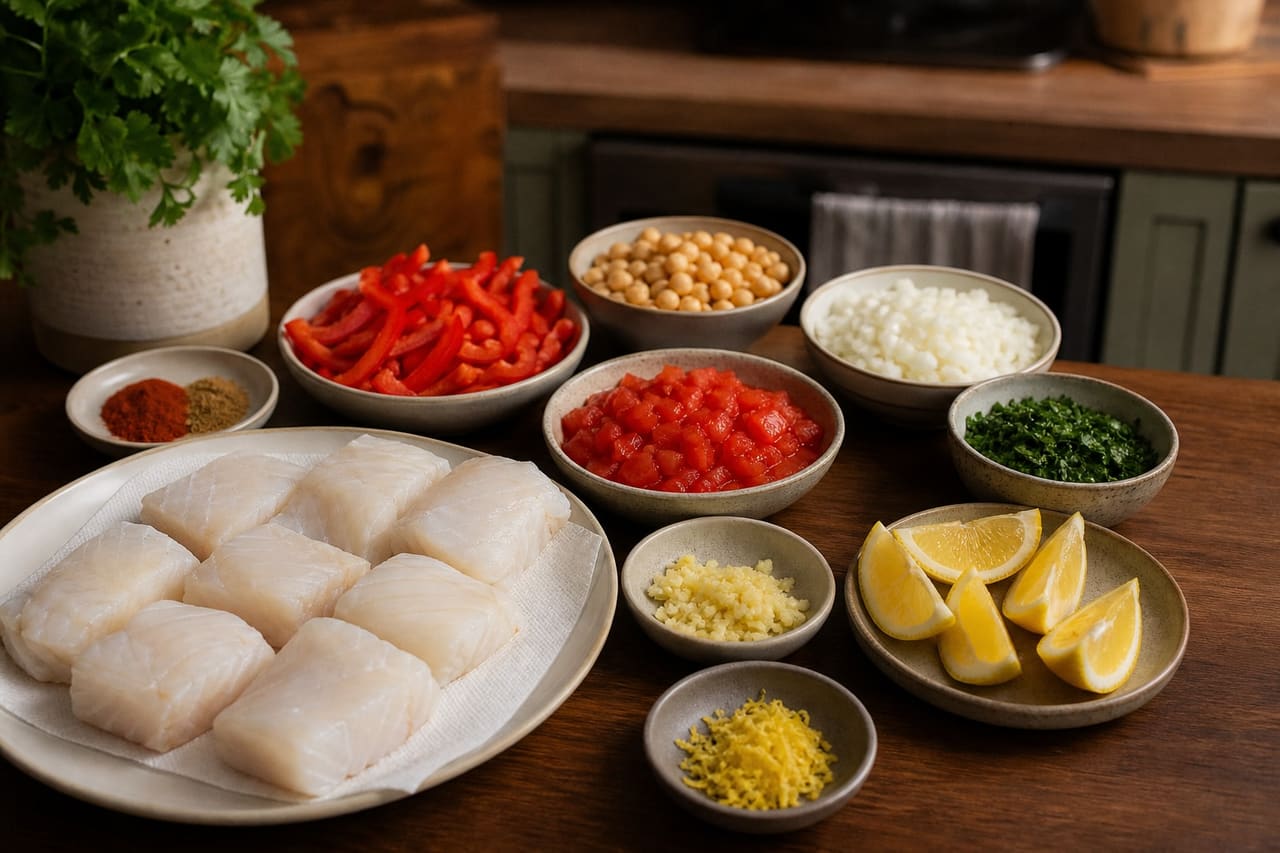 Smoky Cod Chickpea Pepper Stew with Lemon and Parsley cooking step 1: Prepare the stew ingredients.
