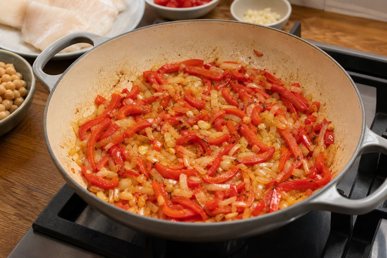 Smoky Cod Chickpea Pepper Stew with Lemon and Parsley cooking step 2: Soften the peppers.