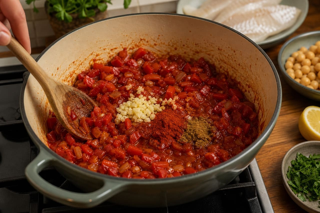 Smoky Cod Chickpea Pepper Stew with Lemon and Parsley cooking step 3: Build the smoky base.