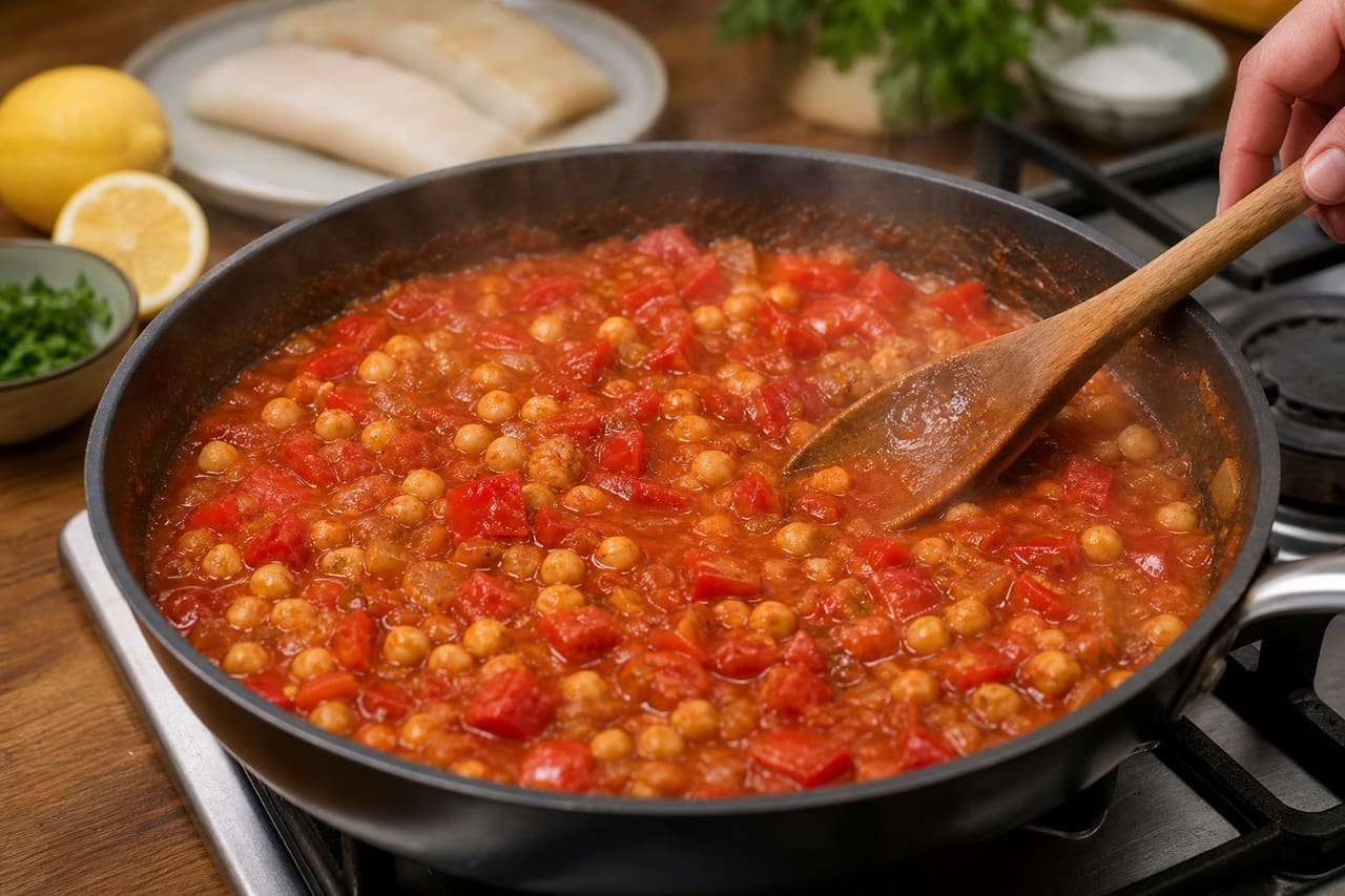 Smoky Cod Chickpea Pepper Stew with Lemon and Parsley cooking step 4: Simmer the chickpeas.
