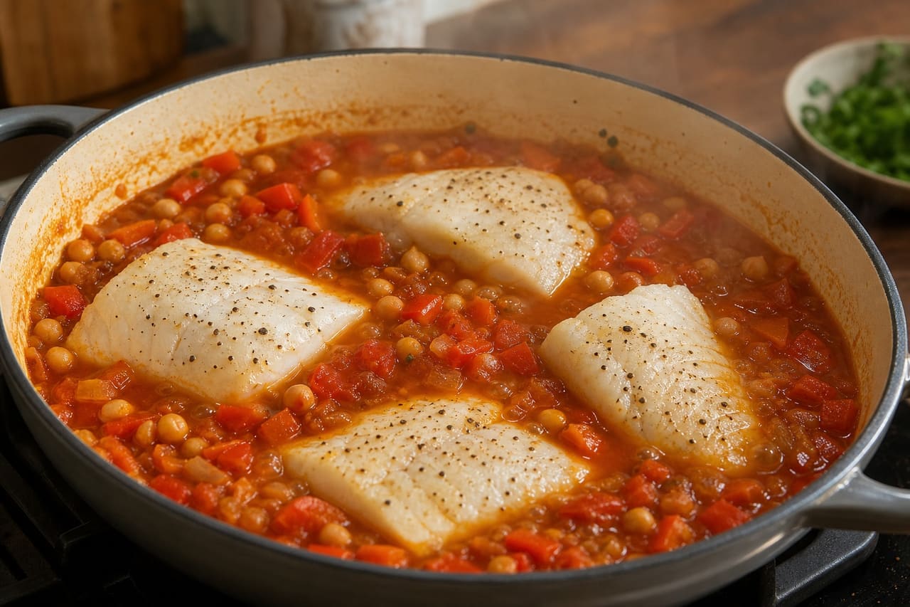 Smoky Cod Chickpea Pepper Stew with Lemon and Parsley cooking step 5: Poach the cod.