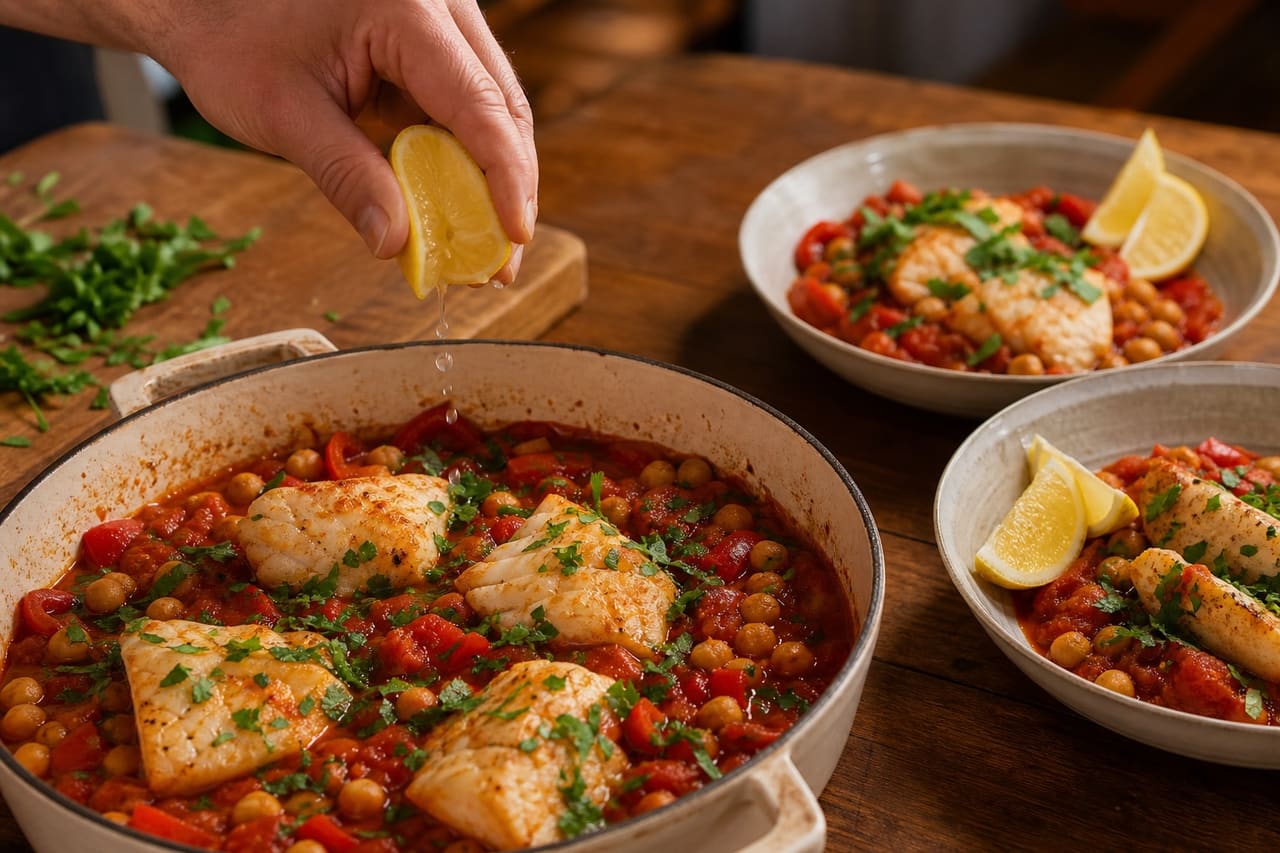 Smoky Cod Chickpea Pepper Stew with Lemon and Parsley cooking step 6: Finish with lemon.