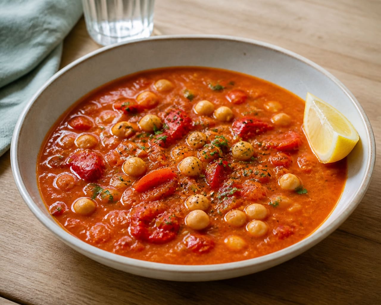 Smoky Red Pepper Chickpea Soup with Lemon Parsley.