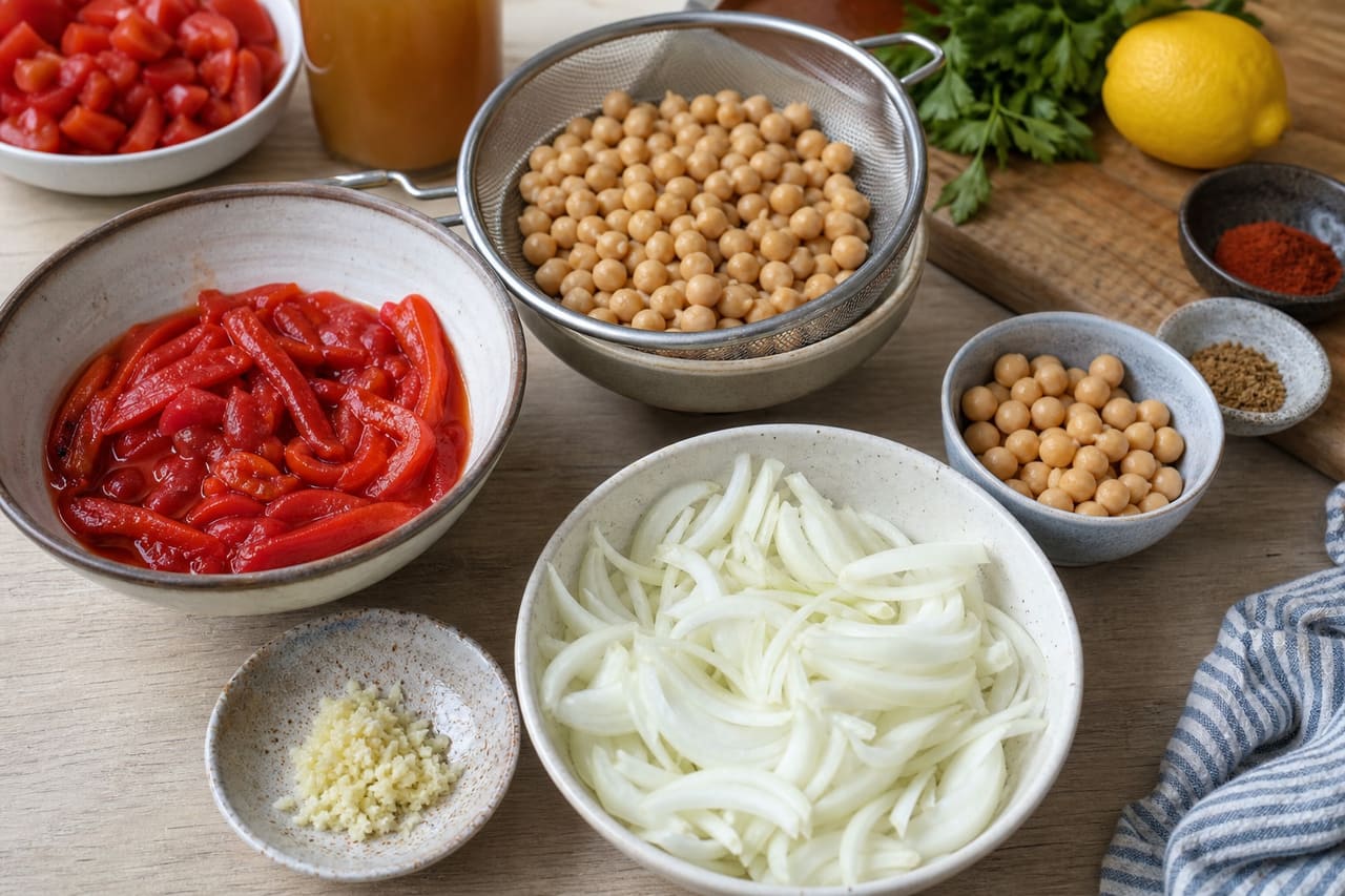 Smoky Red Pepper Chickpea Soup with Lemon Parsley cooking step 1: Prepare the vegetables.