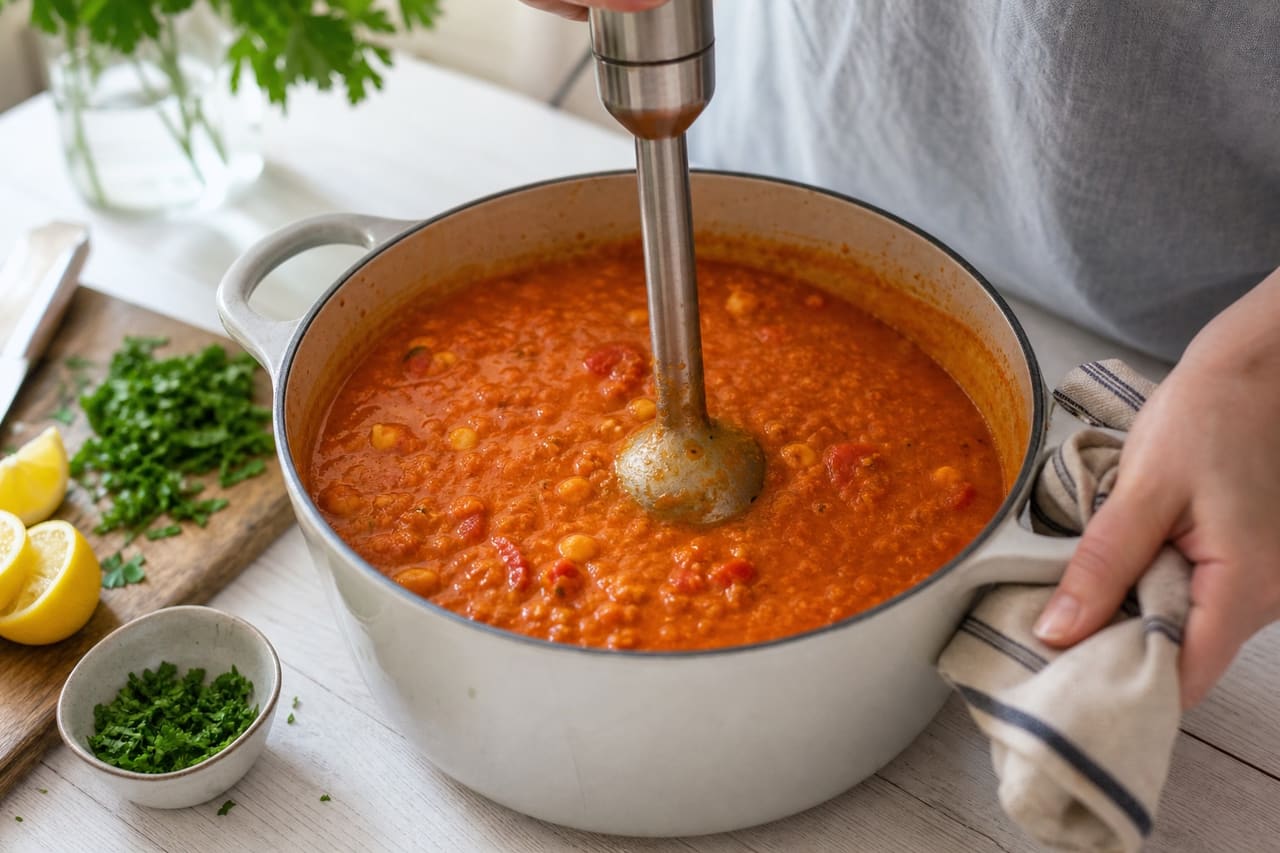Smoky Red Pepper Chickpea Soup with Lemon Parsley cooking step 4: Simmer and blend.