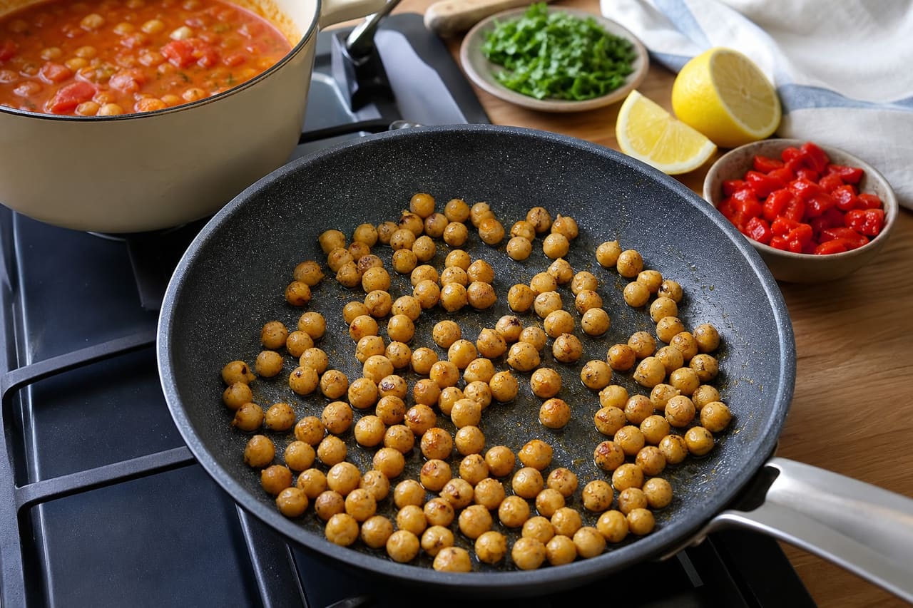 Smoky Red Pepper Chickpea Soup with Lemon Parsley cooking step 5: Crisp the chickpeas.