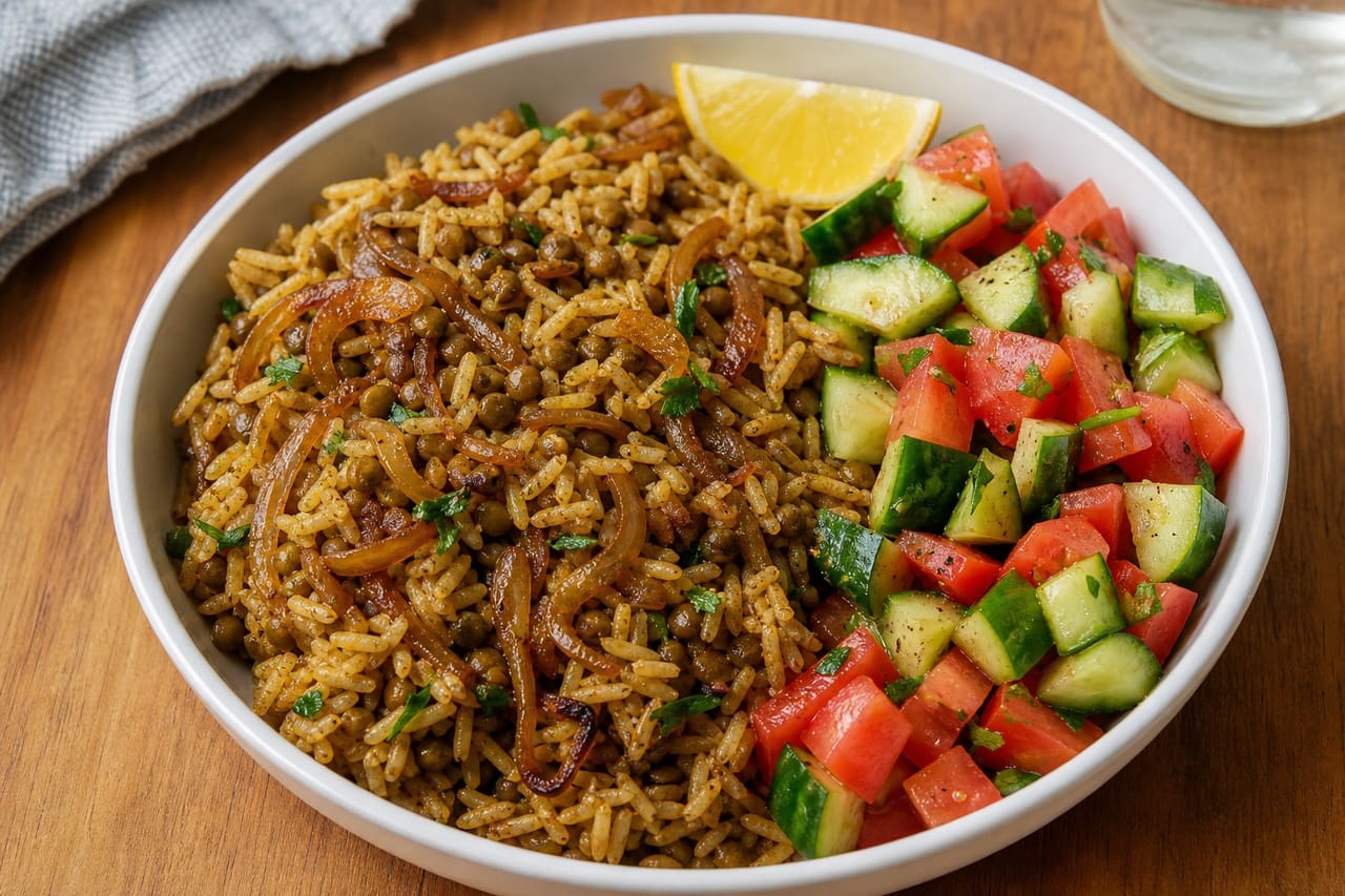Spiced Lentil Caramelised Onion Rice with Tomato Cucumber Salad.