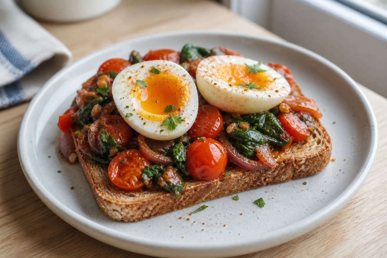 Spiced Tomato Spinach Breakfast Toasts with Jammy Eggs.