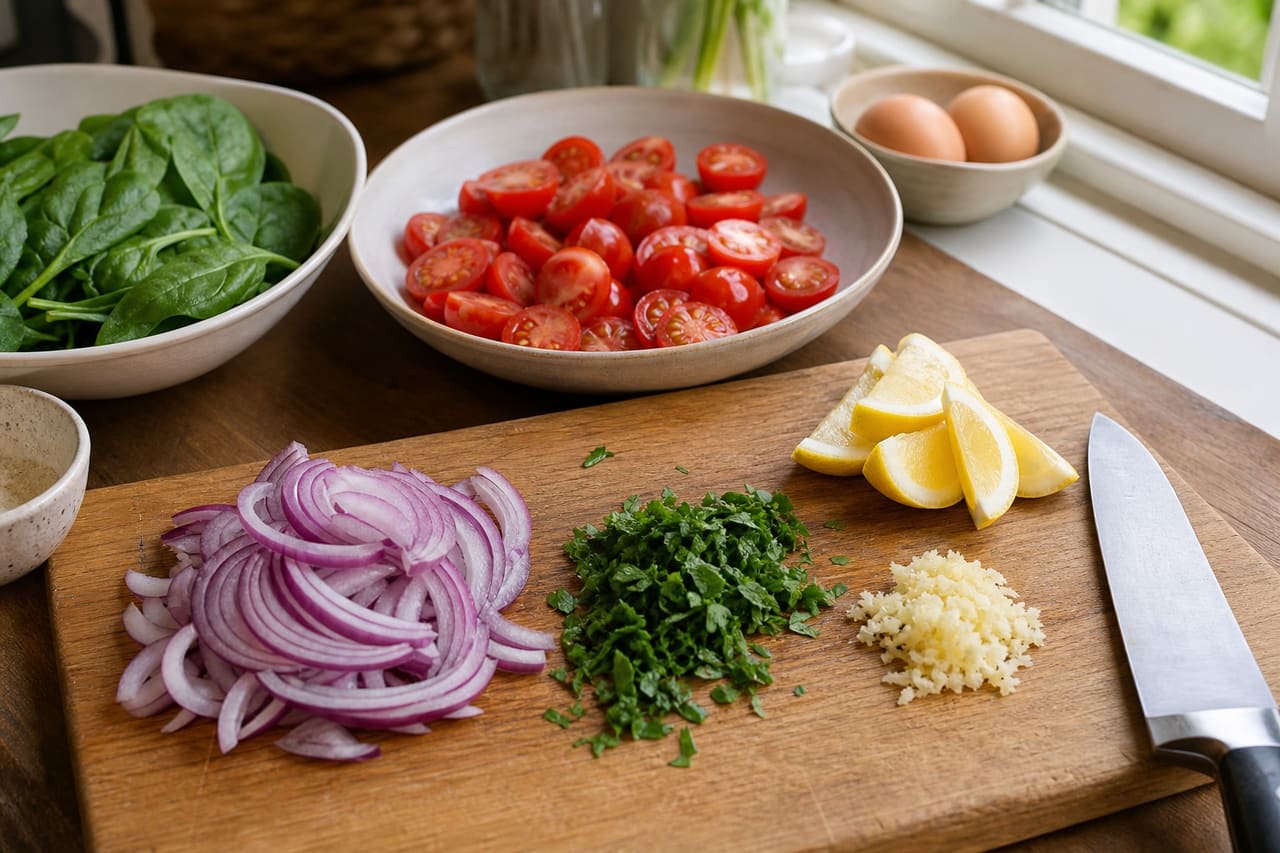Spiced Tomato Spinach Breakfast Toasts with Jammy Eggs cooking step 1: Prepare the toppings.