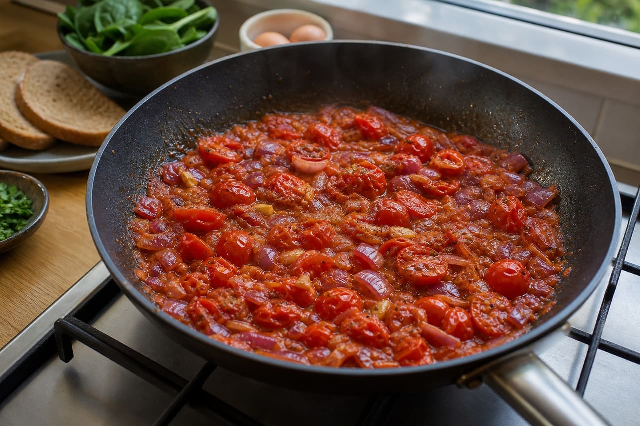 Spiced Tomato Spinach Breakfast Toasts with Jammy Eggs cooking step 3: Cook the spiced tomatoes.