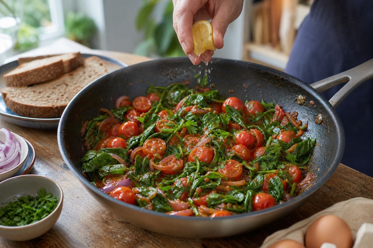 Spiced Tomato Spinach Breakfast Toasts with Jammy Eggs cooking step 4: Wilt the spinach.
