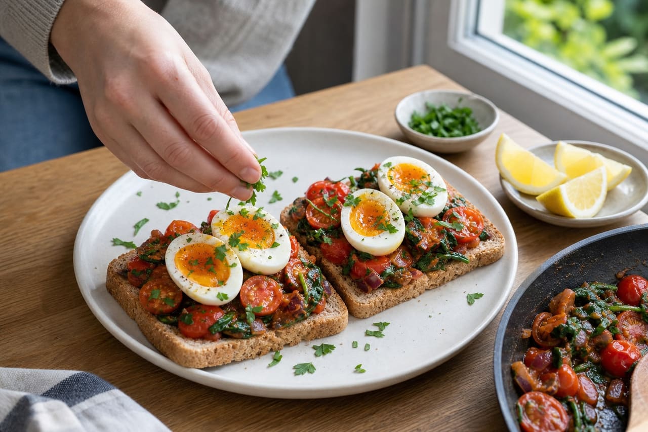 Spiced Tomato Spinach Breakfast Toasts with Jammy Eggs cooking step 5: Build the breakfast toasts.