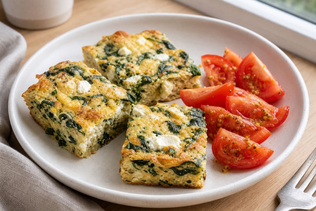 Golden Spinach Feta Breakfast Slices with Mustard Tomato.
