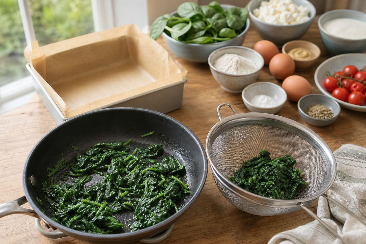 Golden Spinach Feta Breakfast Slices with Mustard Tomato cooking step 1: Wilt and dry the spinach.